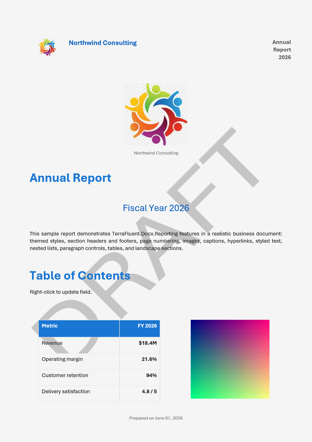 First page of the generated annual report Word document