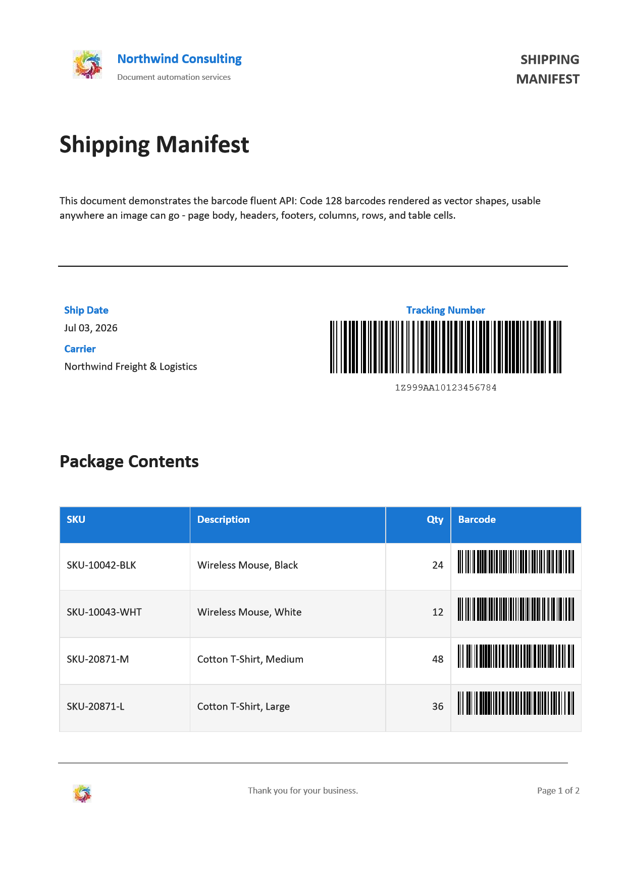 First page of the barcode showcase Word document