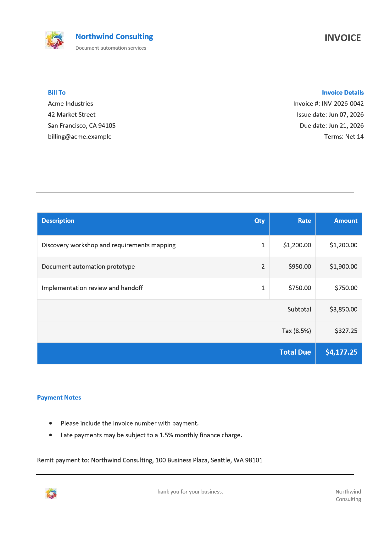 First page of the generated sample invoice Word document