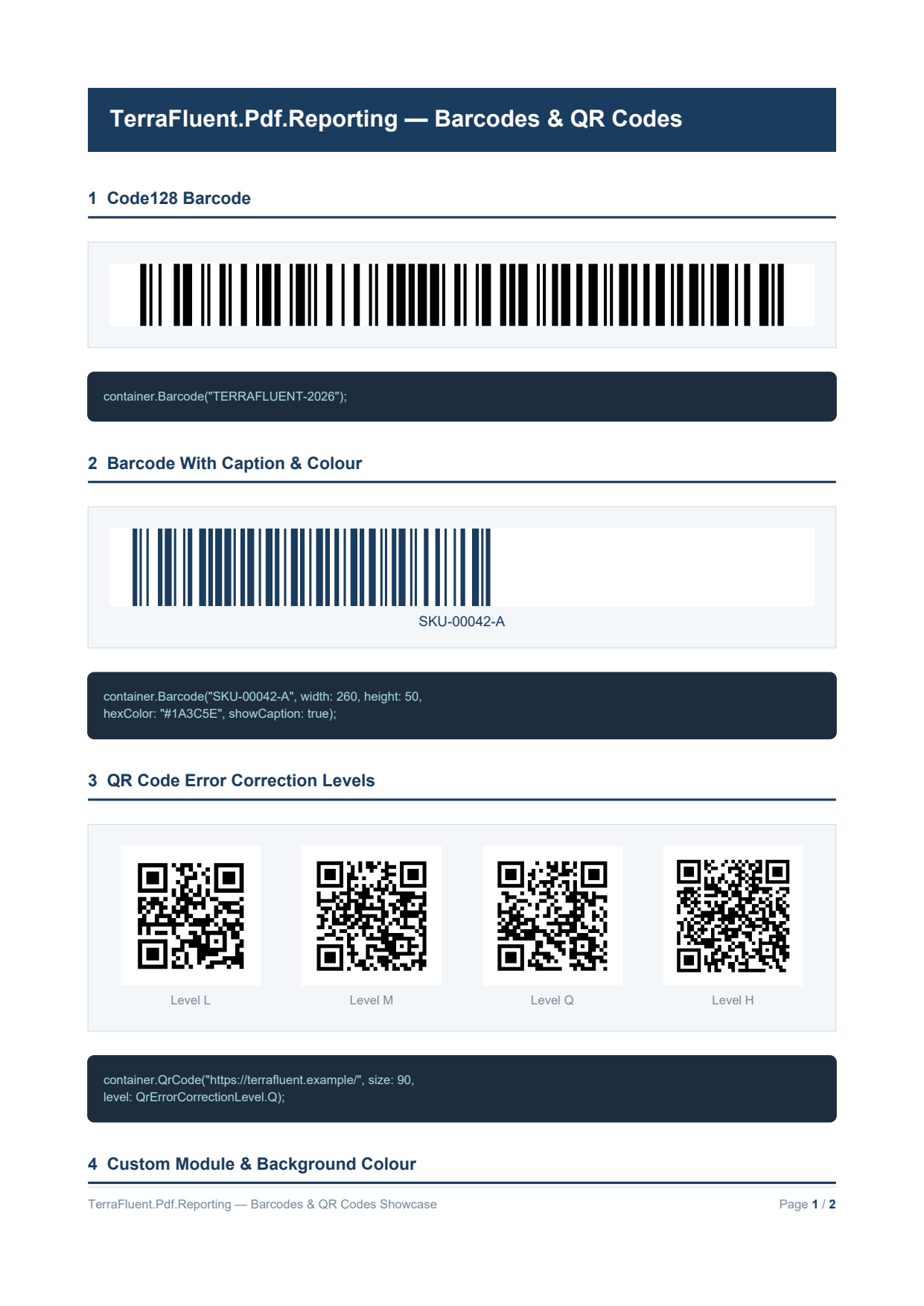 First page of the barcodes and QR codes showcase PDF