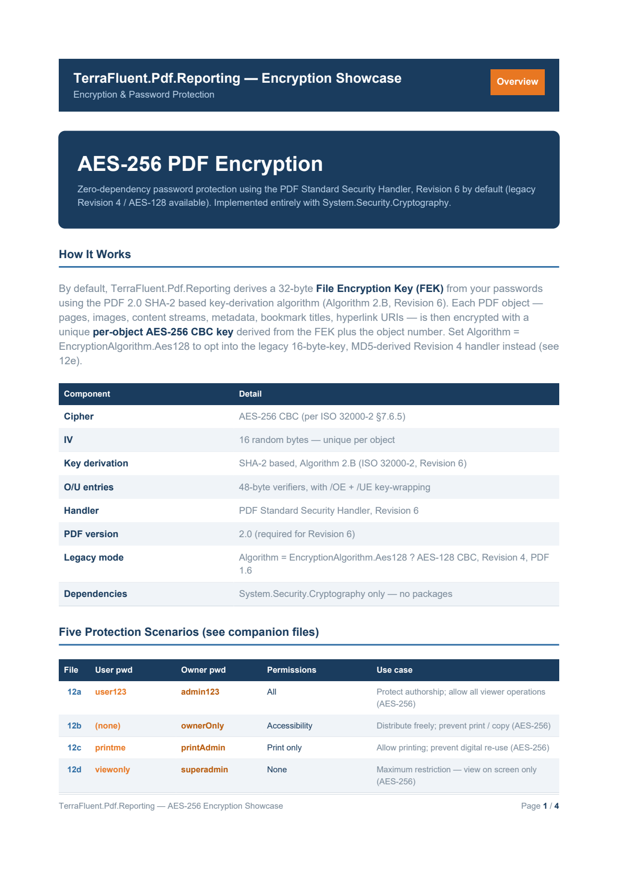 First page of the AES-256 encryption showcase PDF