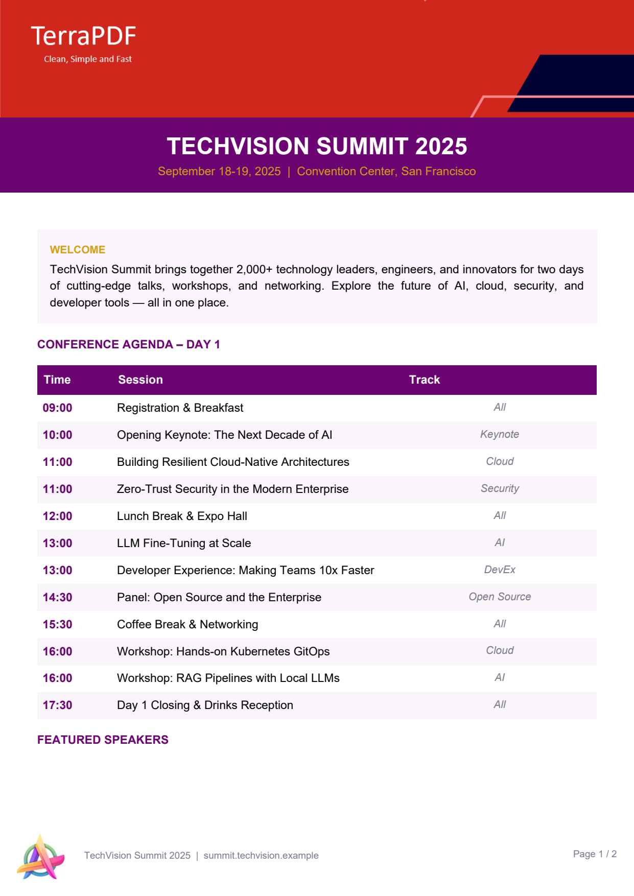 First page of the event brochure PDF with images and multi-column layout