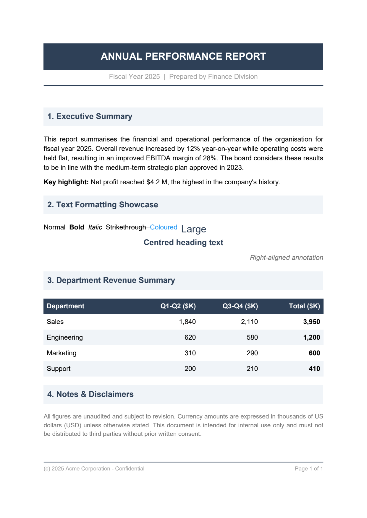 First page of the simple report PDF